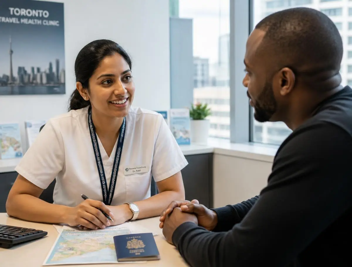 Clinician reviewing travel vaccine recommendations with a patient at the Toronto clinic