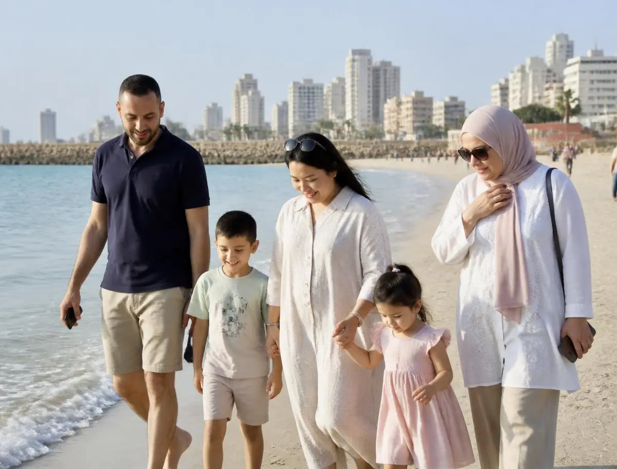 Multigenerational family walking together on a beach while travelling abroad