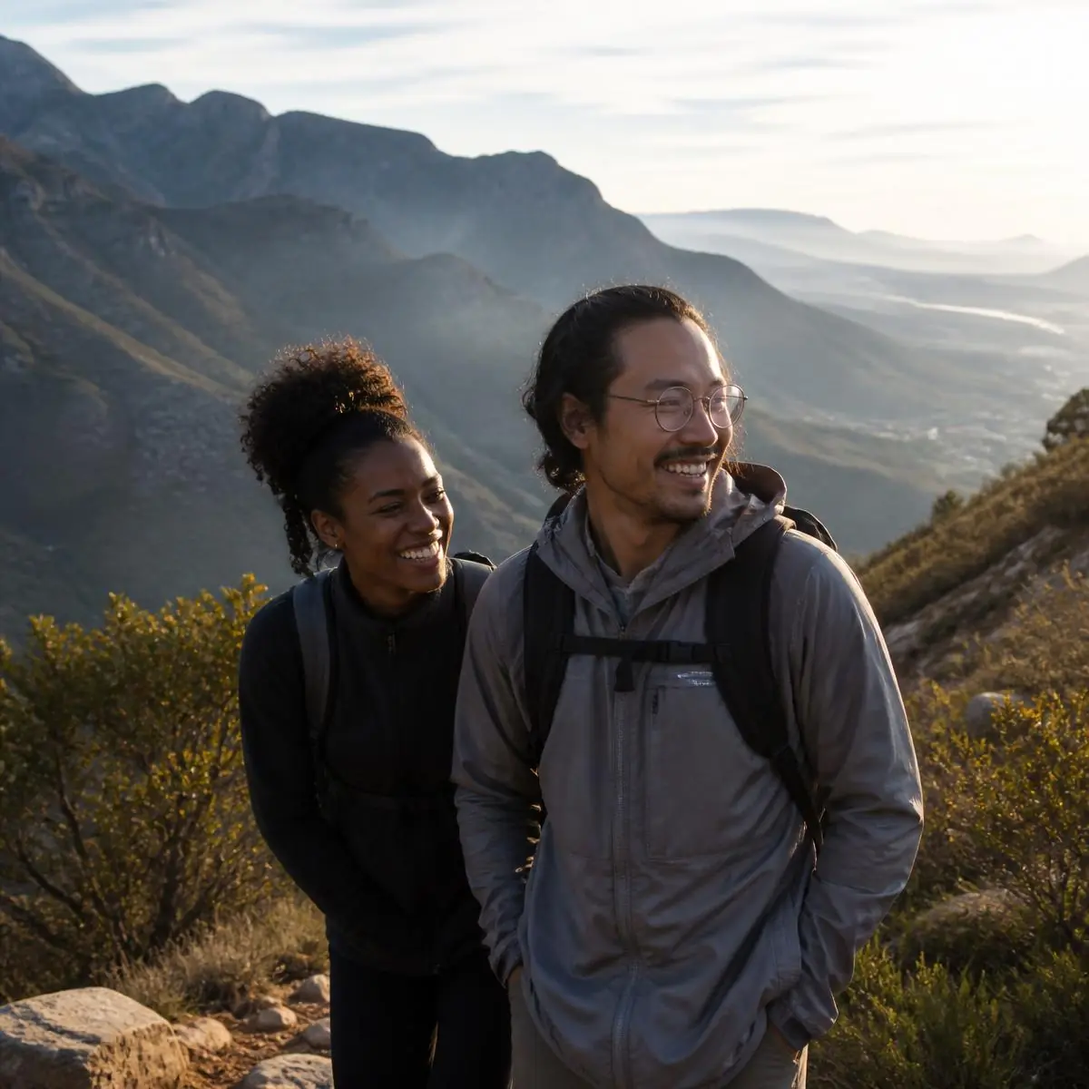 Two travellers hiking together after a travel health consultation