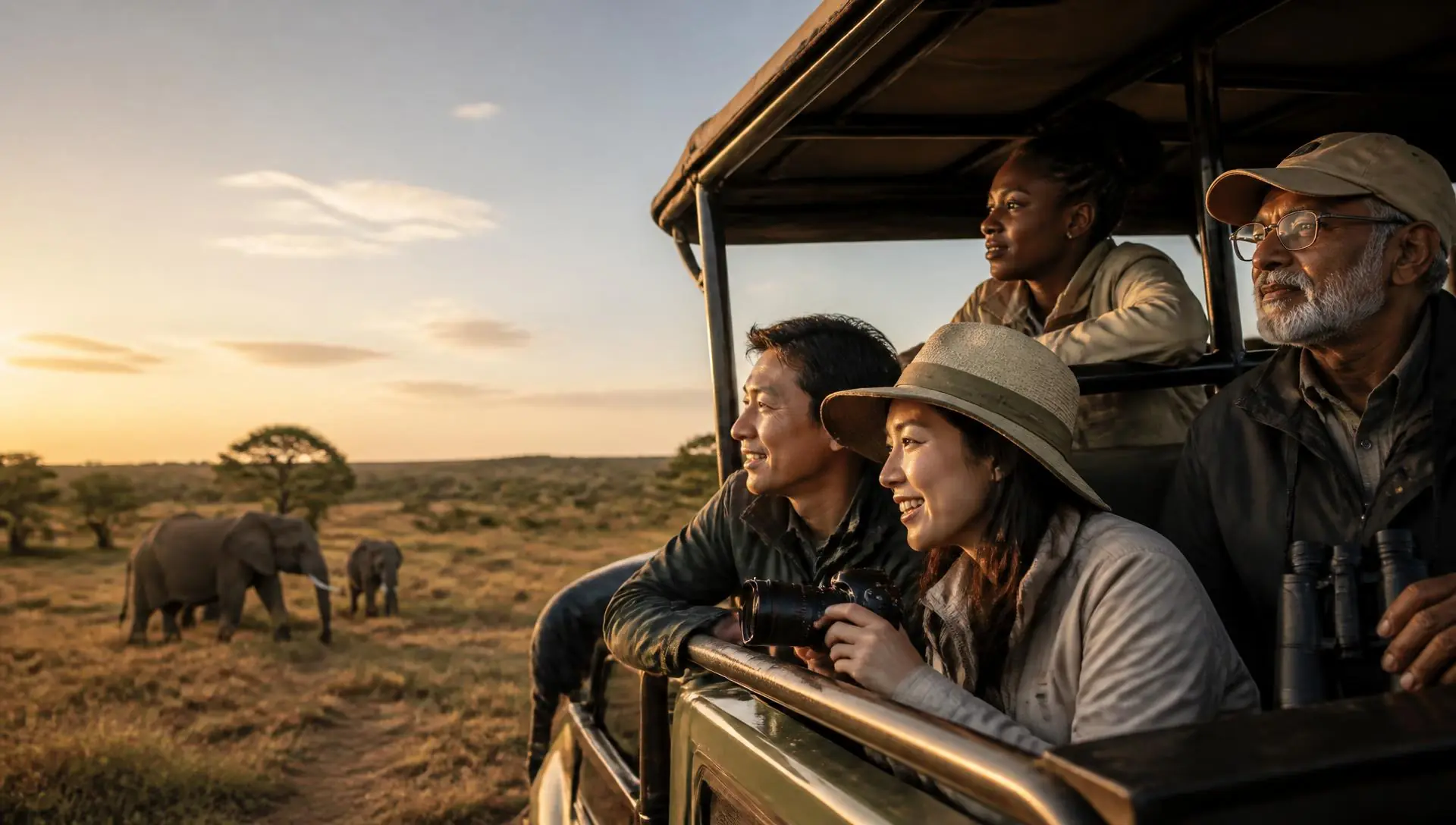 Travellers of different backgrounds watching wildlife from a safari vehicle at sunset